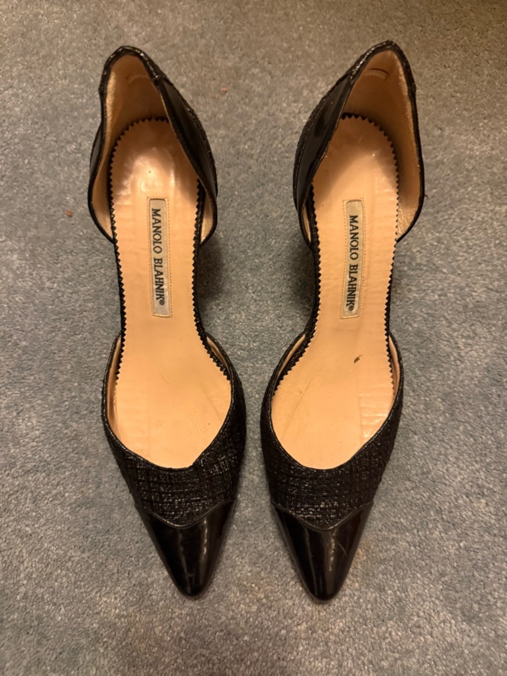 Manolo Blahnik Black Pointed D'Orsay Heel with Textured Upper